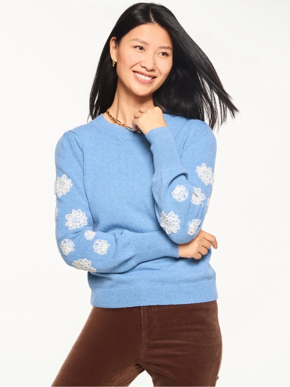 ⭐️FREE SHIPPING⭐️ NWT Talbots RETAIL $139 Blue Floral-Appliqué Crewneck Sweater
